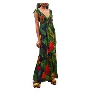 Farm Rio Green Red Cocoa Forest Frilled Sleeveless V-Neck Maxi Dress Size Small